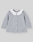 Grey Knit Cardigan with White Ruffle Collar