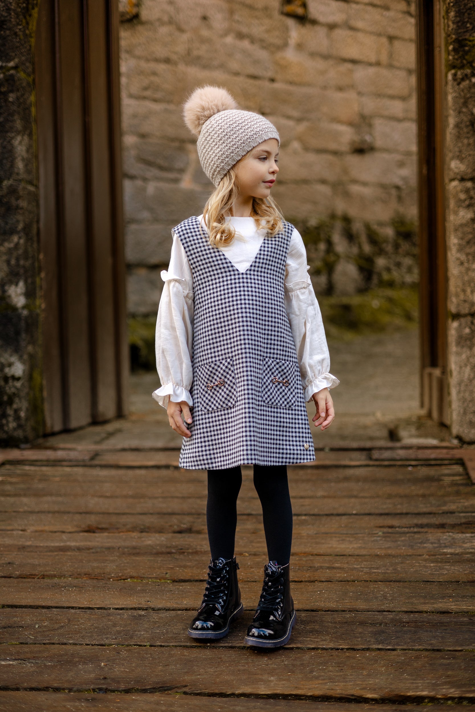 Girl Black White Checked Pinafore Dress