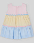 Seersucker dress featuring a wavy trim and flared skirt