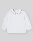White Blouse with Black Stitched Collar