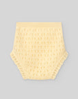 Knitted bloomers with openwork details and hand-finished trim.