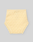 Knitted bloomers with openwork details and hand-finished trim.