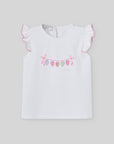 Sleeveless girl's T-shirt with ruffled shoulders