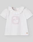 Short-sleeved girl's T-shirt with a frilled collar
