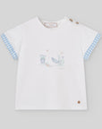 Short-sleeved boy's T-shirt with blue gingham sleeve