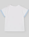 Short-sleeved boy's T-shirt with blue gingham sleeve