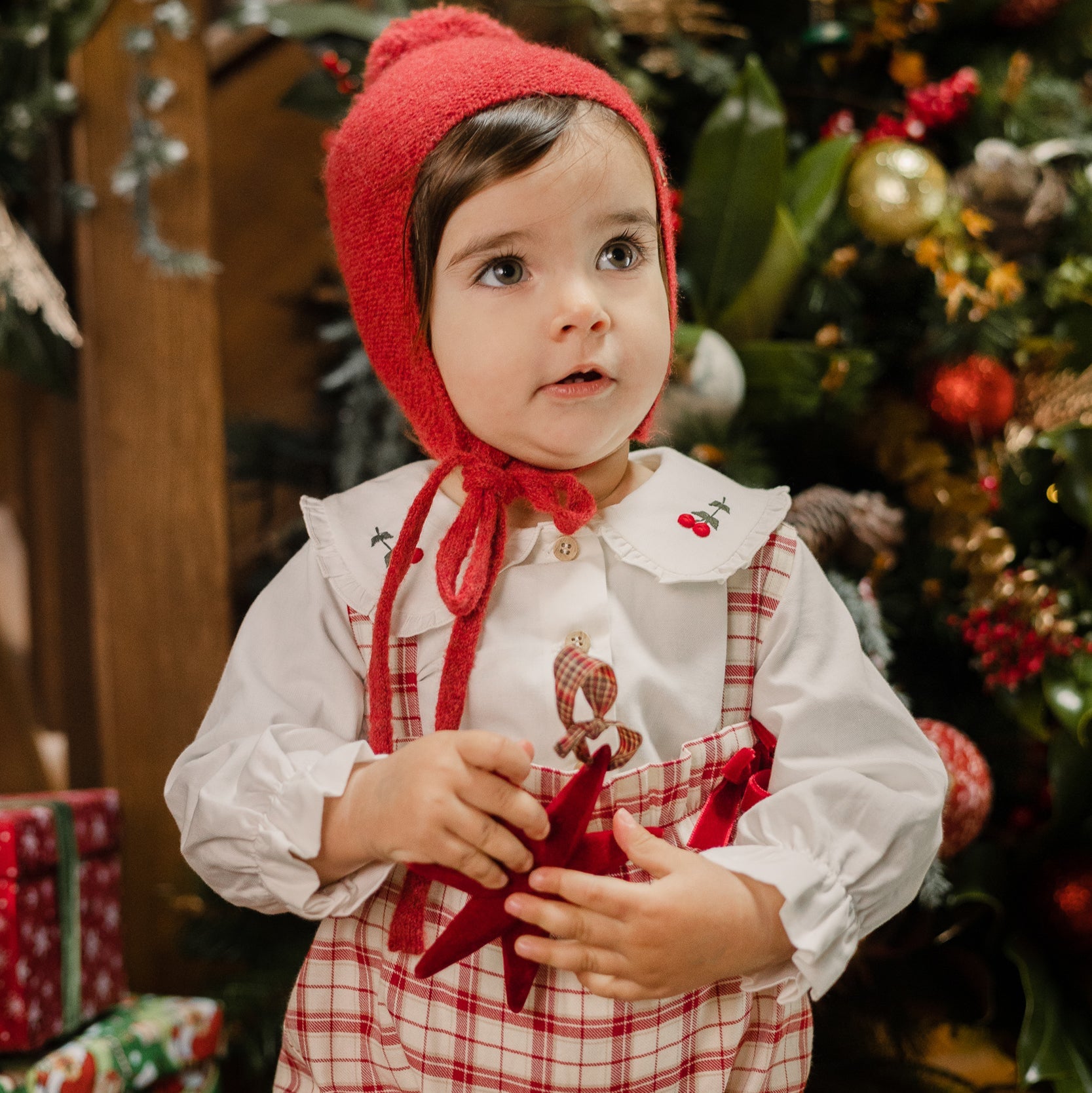 Baby Girl Red Checked DUNGAREE "ACEBO" with Ribbon