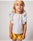 Blouse with Double Flounce with Blue & Yellow Stripes