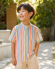 Colorful vertical striped shirt with Mao collar