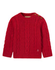 Red cable knit sweater with button details on a white background