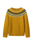 Mustard yellow sweater with a patterned neckline on a white background