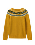 Mustard yellow sweater with a patterned neckline on a white background