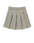 Gray pleated skirt with gold buttons on a white background