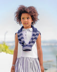 Dress for girl with polo-style knit top and striped fabric skirt