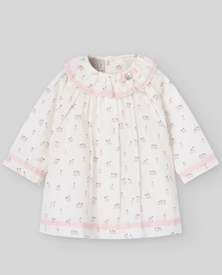 Long-sleeved dress for baby girl with a charming penguin print