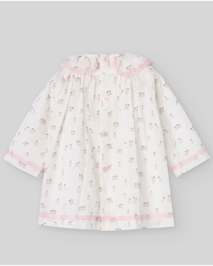 Long-sleeved dress for baby girl with a charming penguin print