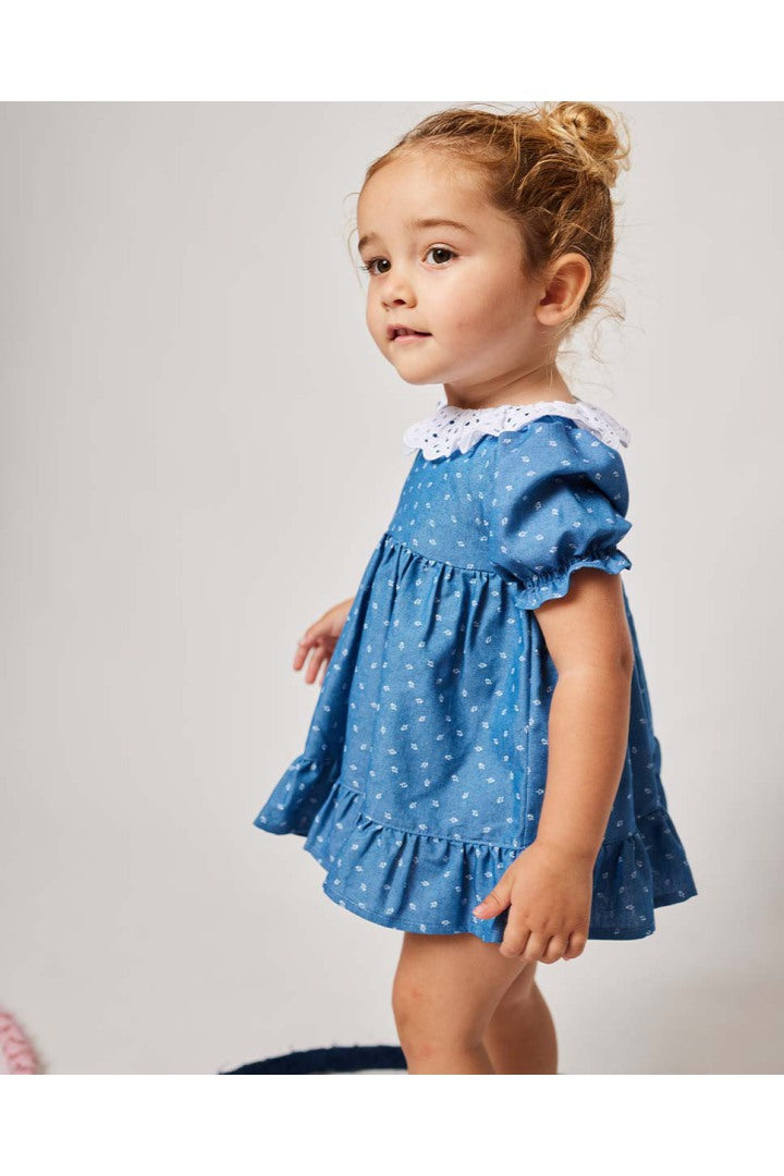 Denim Dress with white Flowers for Girls