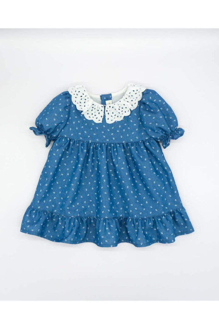 Denim Dress with white Flowers for Girls