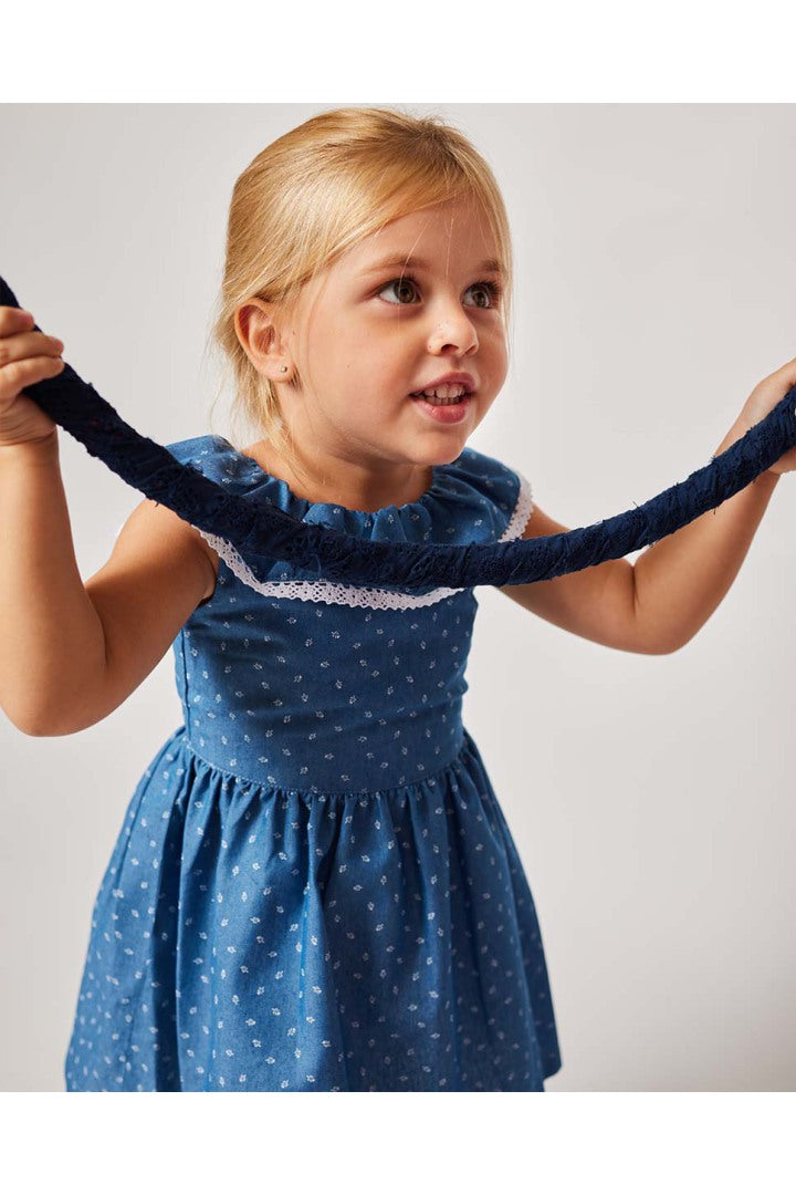 Denim Ruffle Dress with Flower Neckline