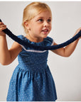 Denim Ruffle Dress with Flower Neckline