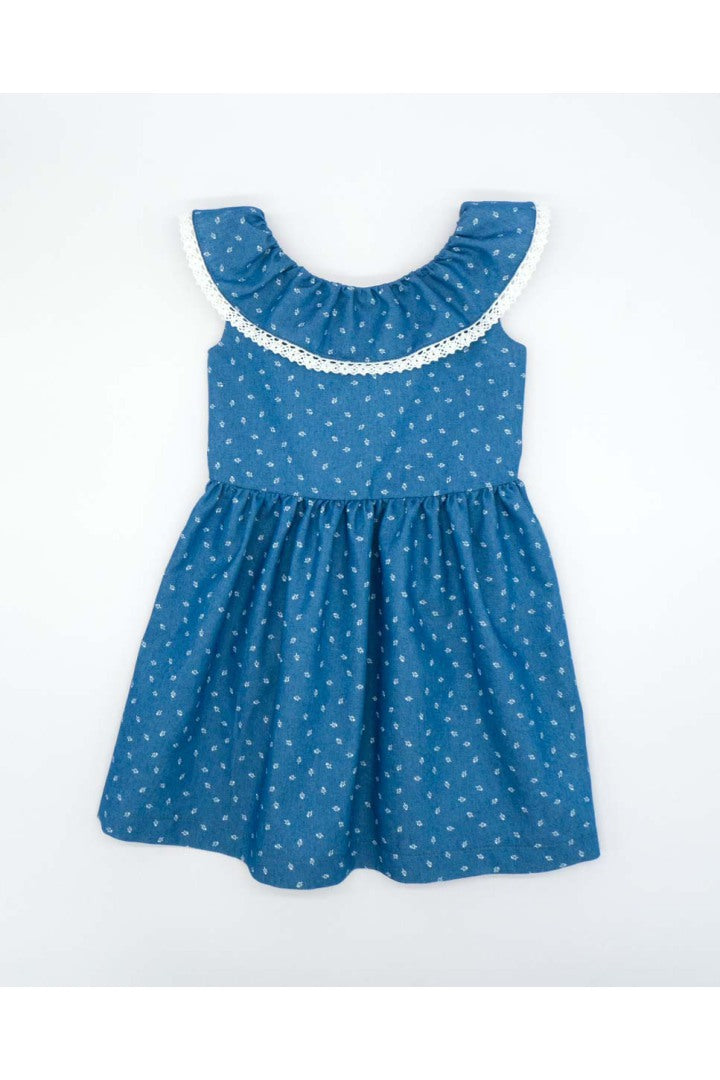 Denim Ruffle Dress with Flower Neckline