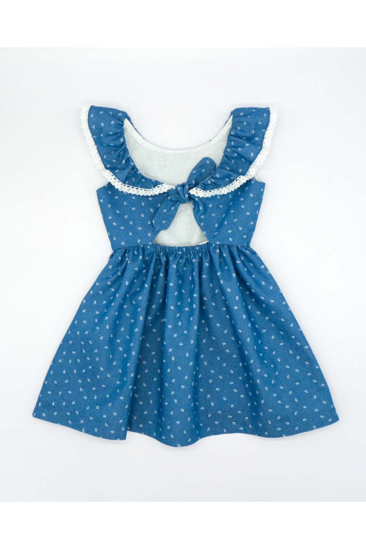 Denim Ruffle Dress with Flower Neckline