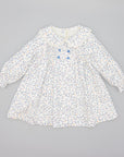Blue viella dress with leaf print and pintucks