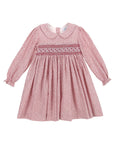 A pink and white patterned long-sleeve baby dress with a smocked chest band, laid flat against a white background.