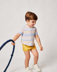 Short Sleeves Blue Shirt with Yellow Stripes