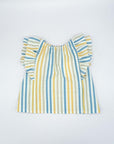 Blouse with Double Flounce with Blue & Yellow Stripes