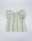 Blouse with Double Flounce with Blue & Yellow Stripes
