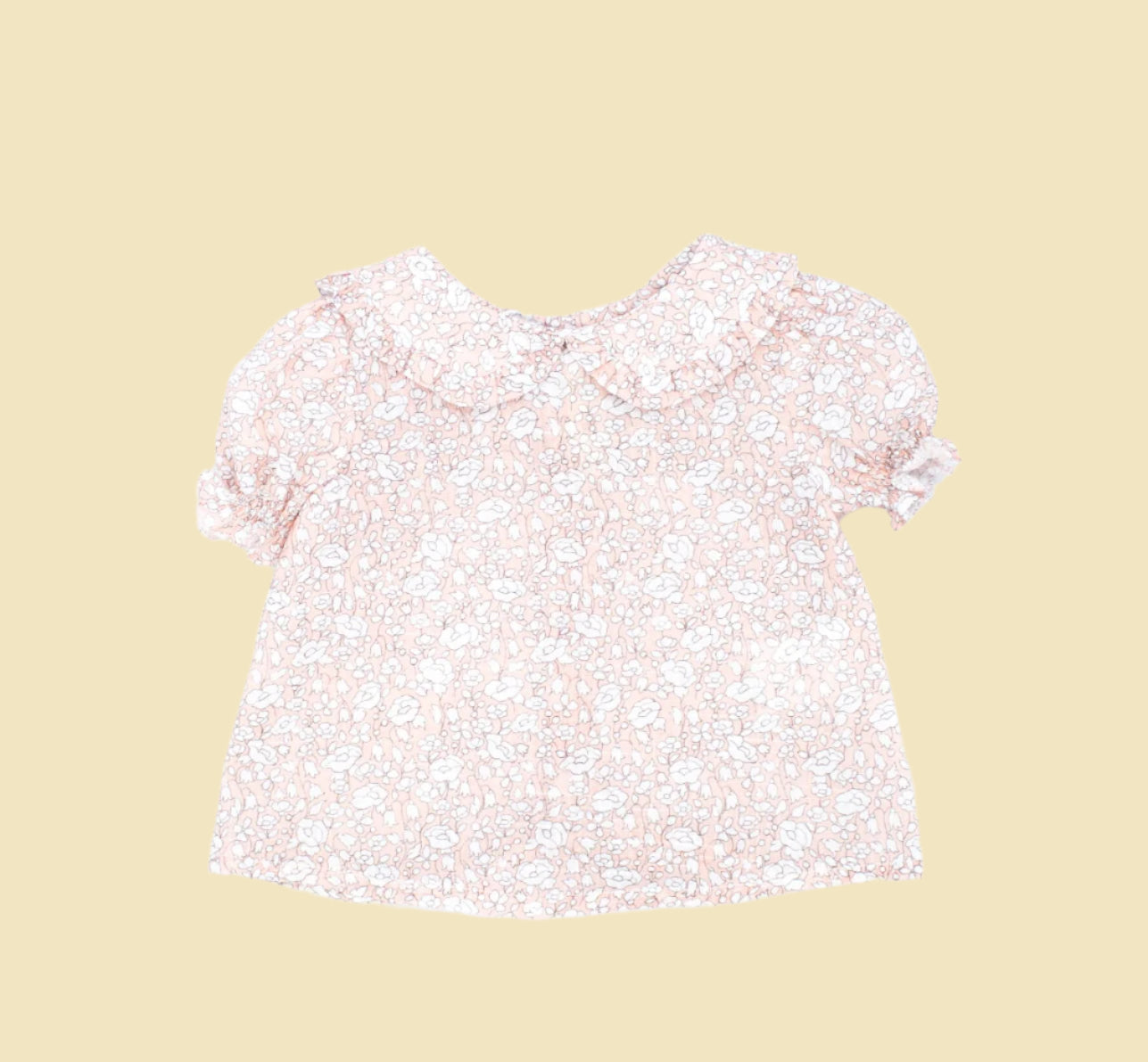 Pink flower print blouse with puff sleeves and a collar