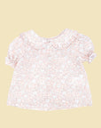 Pink flower print blouse with puff sleeves and a collar