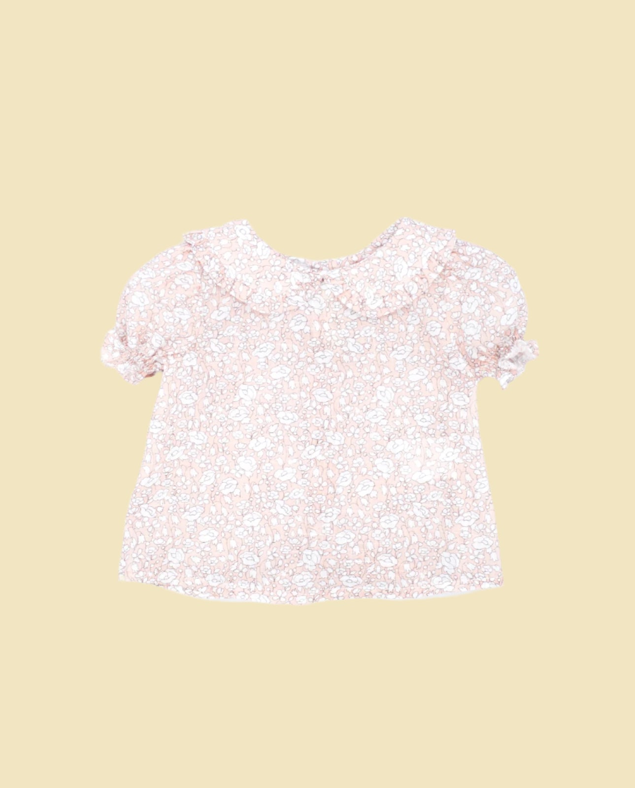 Pink flower print blouse with puff sleeves and a collar