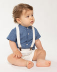White linen shorts with suspenders
