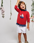 Red Sweater with Sailing Boat Design