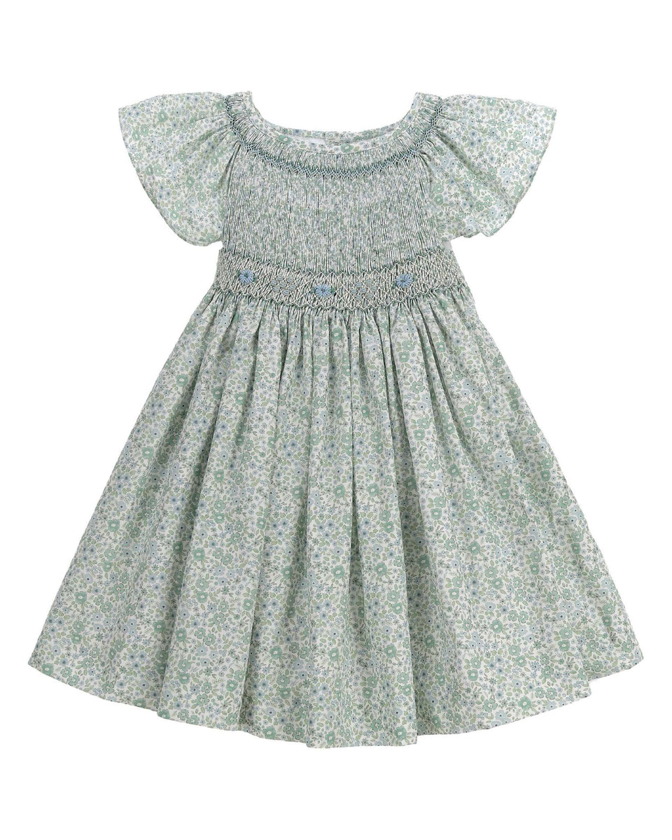 green emerald velvet dress Floral Smocked Green Silk Short Sleeve Baby & Toddler Dress