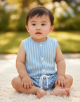 Asian baby boy in light blue striped knitted romper seated on carpet
