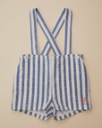 Blue & White Stripe Suspender Shorts Flat Lay on Beige