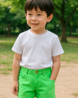 Boy wearing bright green shorts