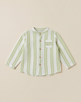 Long-sleeve shirt in soft sage green and white vertical stripes