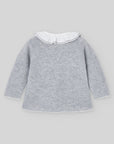 Grey Knit Cardigan with White Ruffle Collar
