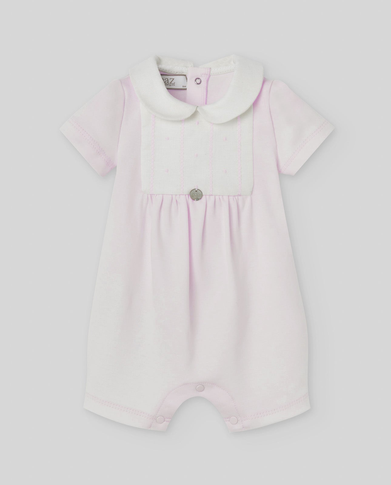 Short romper for baby boy with an embroidered chest panel