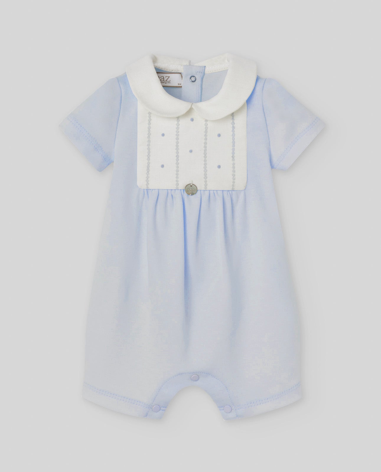 Short romper for baby boy with an embroidered chest panel