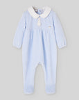 Blue Velvet Footed Onesie with Bunny Motif