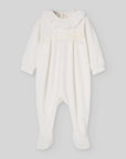 Cream Velvet Footed Onesie with Lace Trim