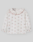 Basket & Plant Print Blouse with Ruffle Collar