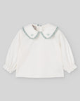 White Blouse with Sage Lace & Embroidered Collar