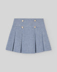 Blue Herringbone Pleated Skirt