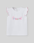 Sleeveless girl's T-shirt with ruffled shoulders
